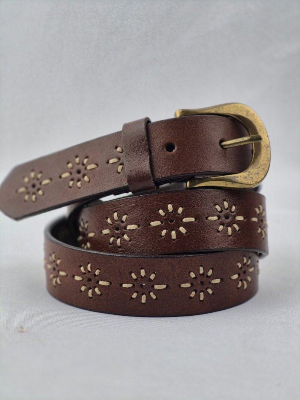 Brown Leather Floral Boho Embroidered Western Belt Brass Tone Buckle Large